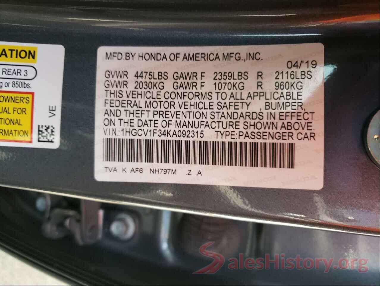 1HGCV1F34KA092315 2019 HONDA ACCORD