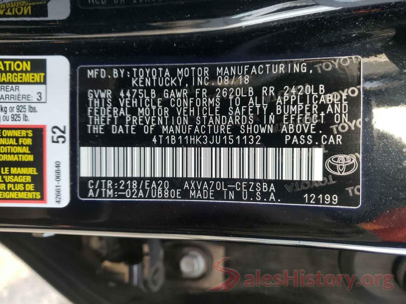 4T1B11HK3JU151132 2018 TOYOTA CAMRY