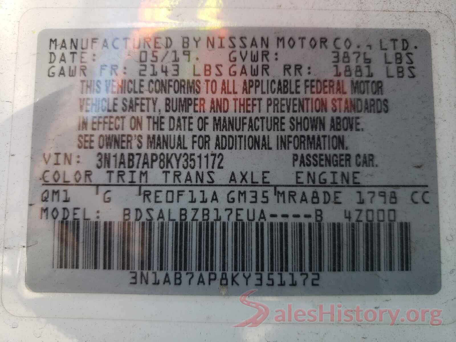 3N1AB7AP8KY351172 2019 NISSAN SENTRA