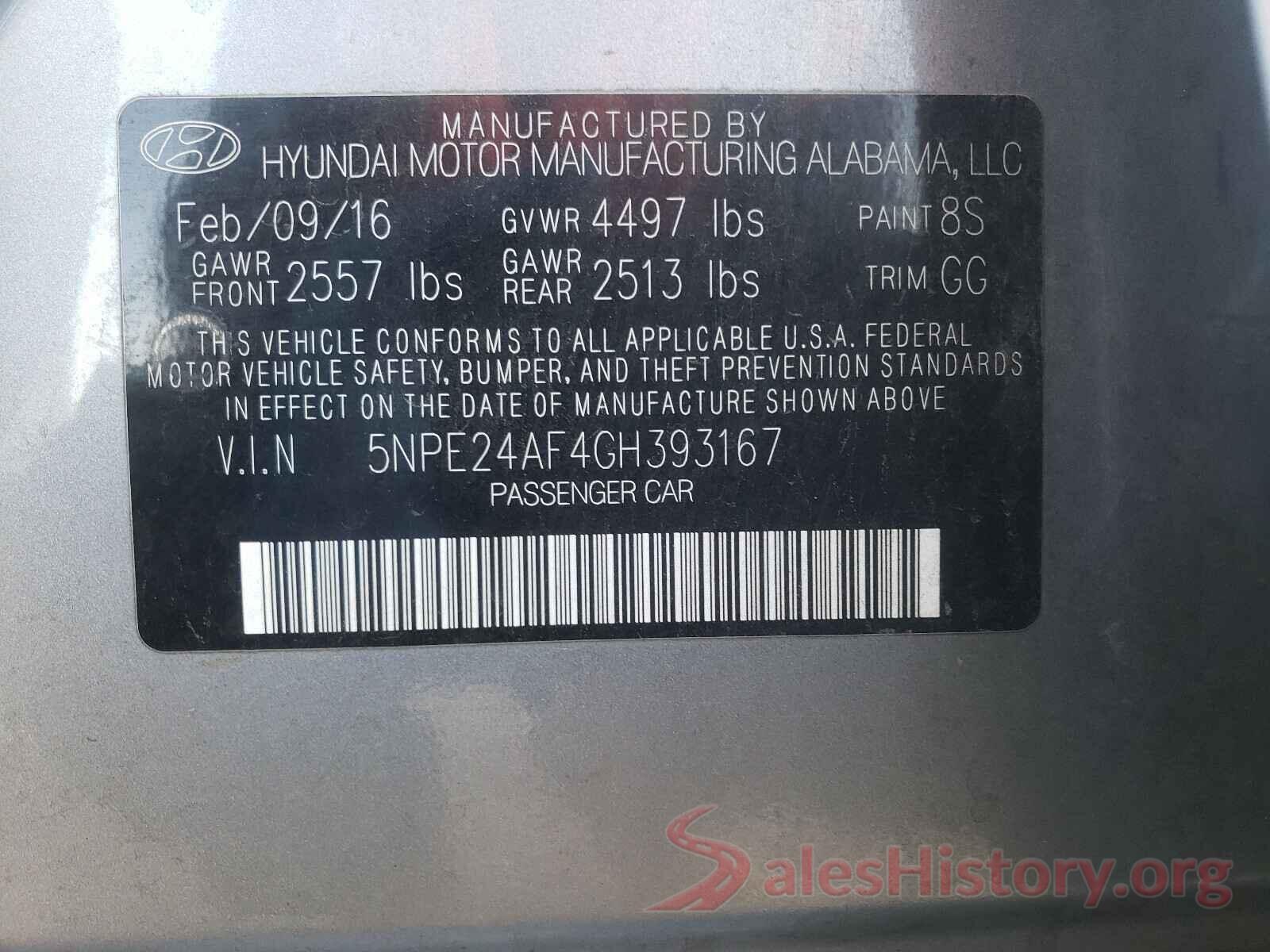 5NPE24AF4GH393167 2016 HYUNDAI SONATA