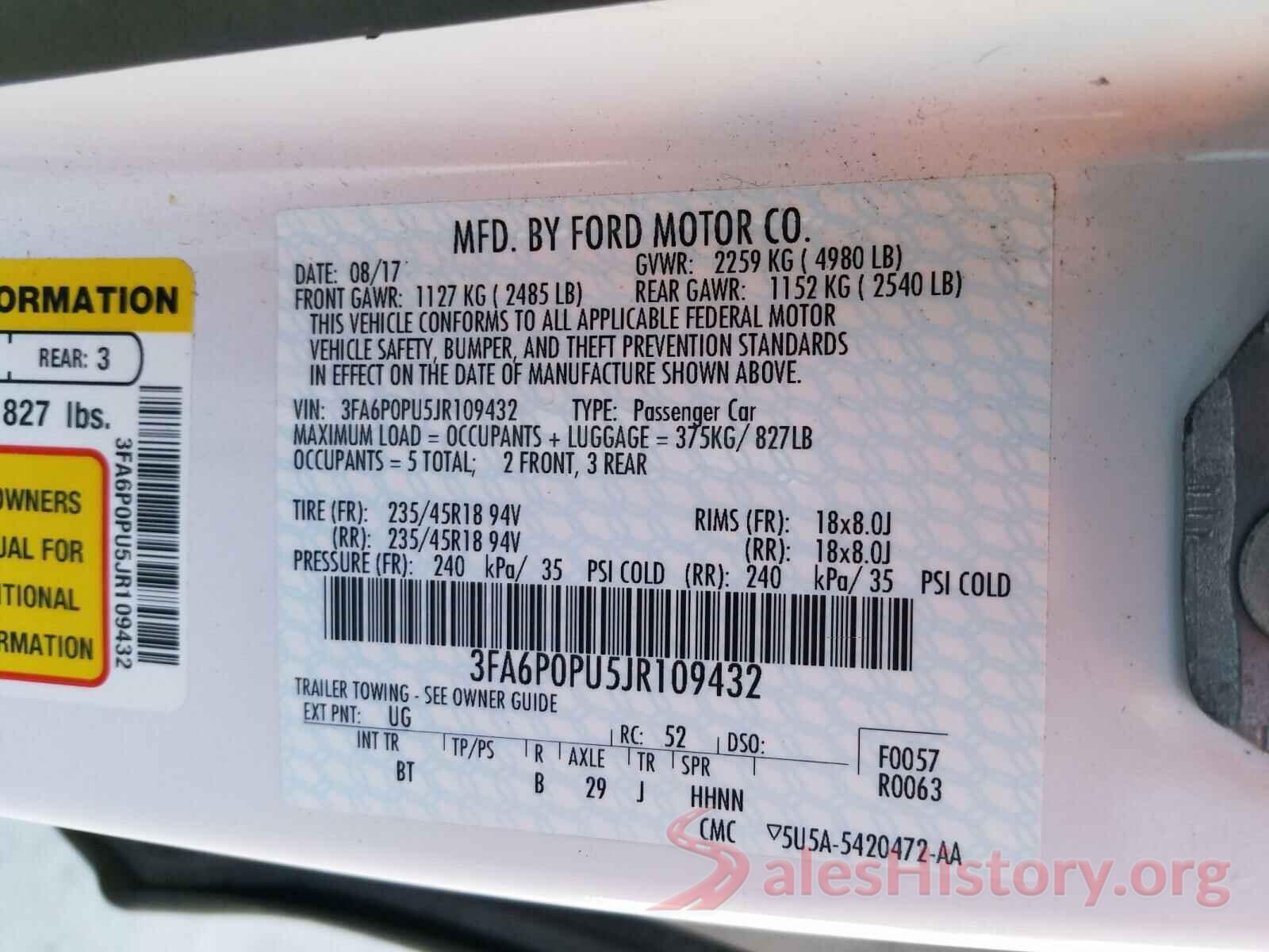 3FA6P0PU5JR109432 2018 FORD FUSION