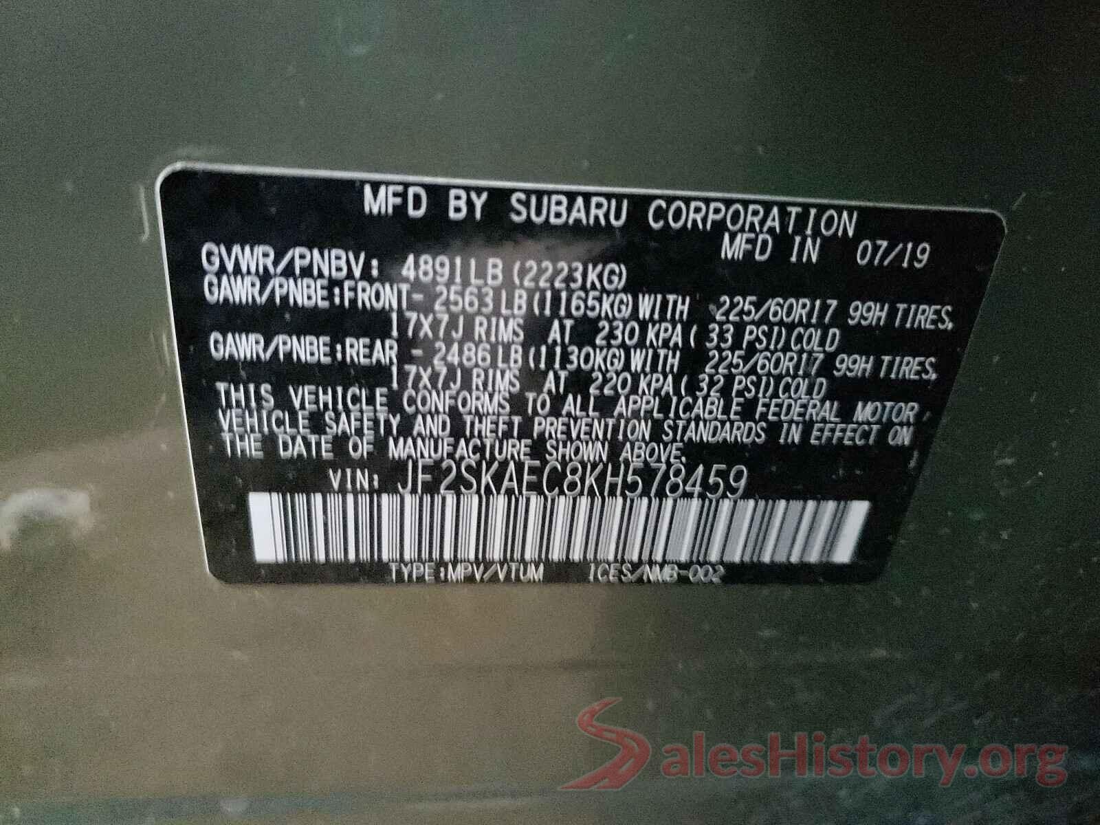 JF2SKAEC8KH578459 2019 SUBARU FORESTER