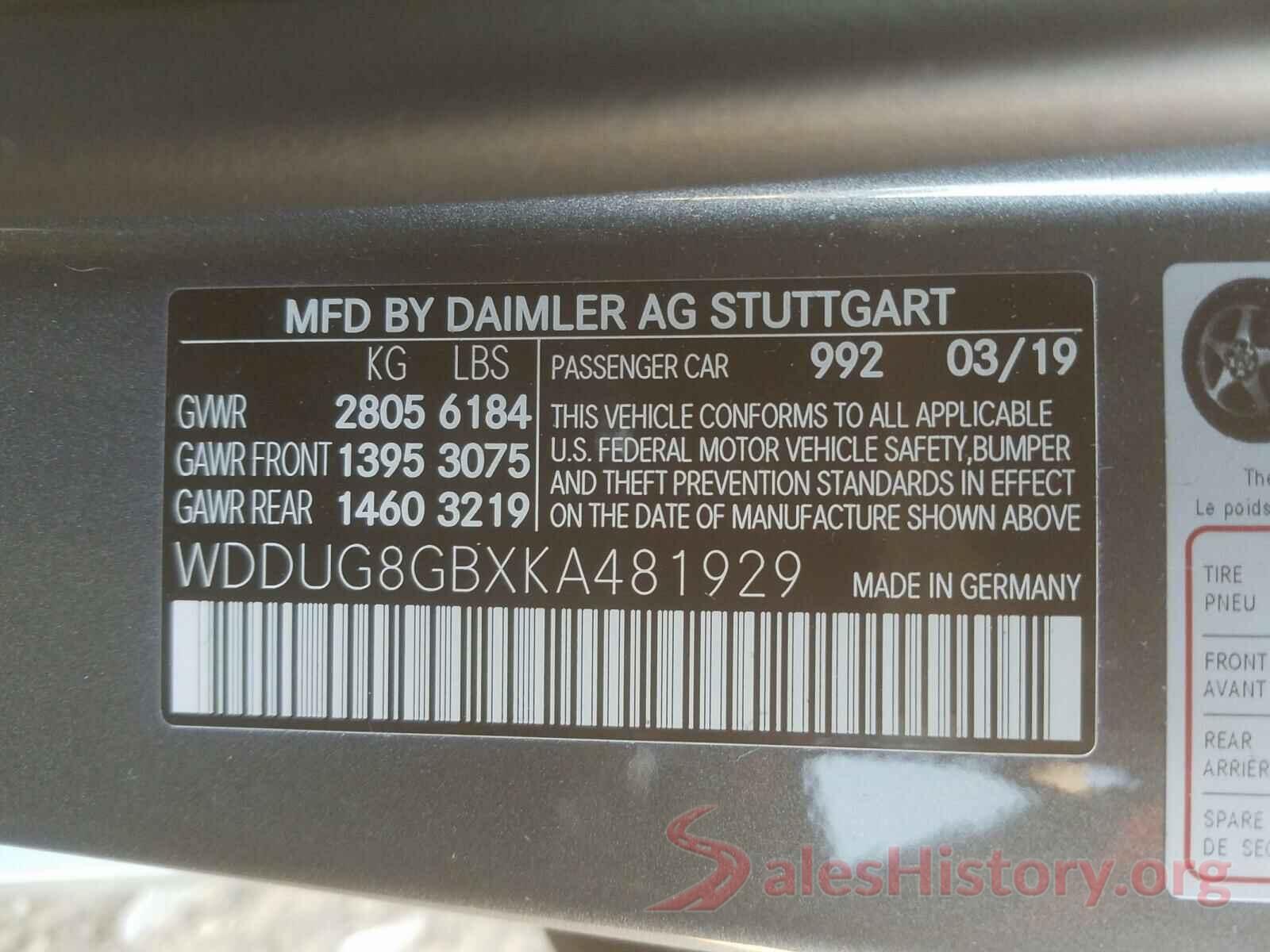 WDDUG8GBXKA481929 2019 MERCEDES-BENZ S CLASS