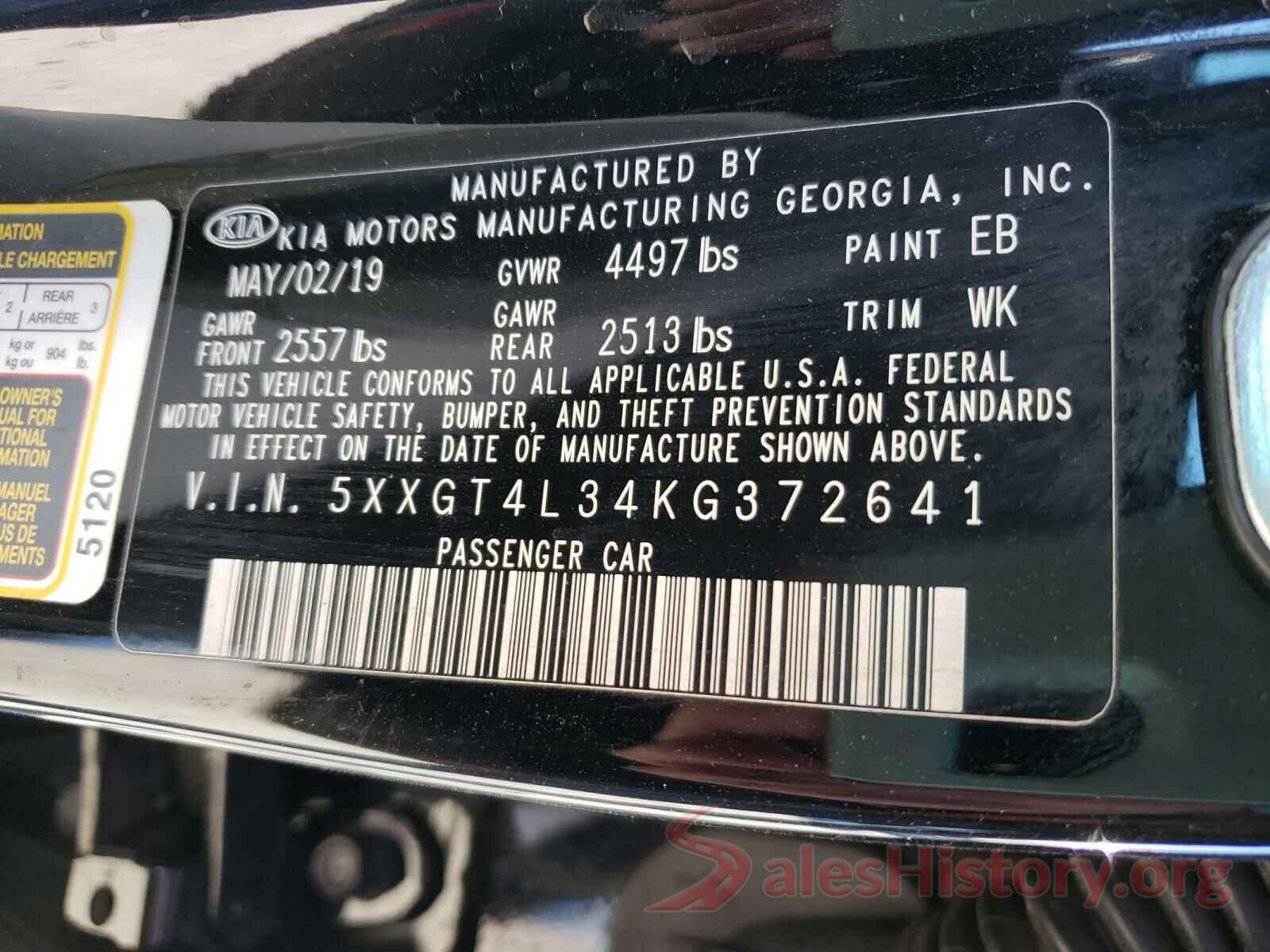 5XXGT4L34KG372641 2019 KIA OPTIMA