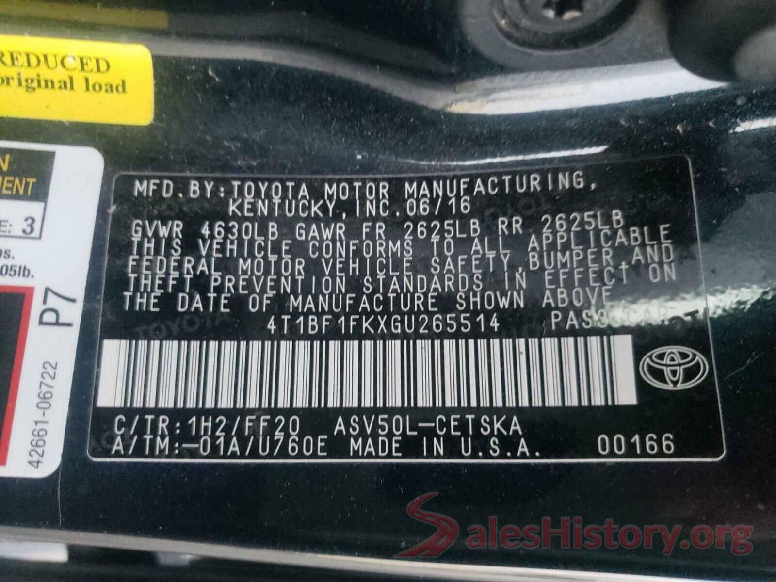 4T1BF1FKXGU265514 2016 TOYOTA CAMRY