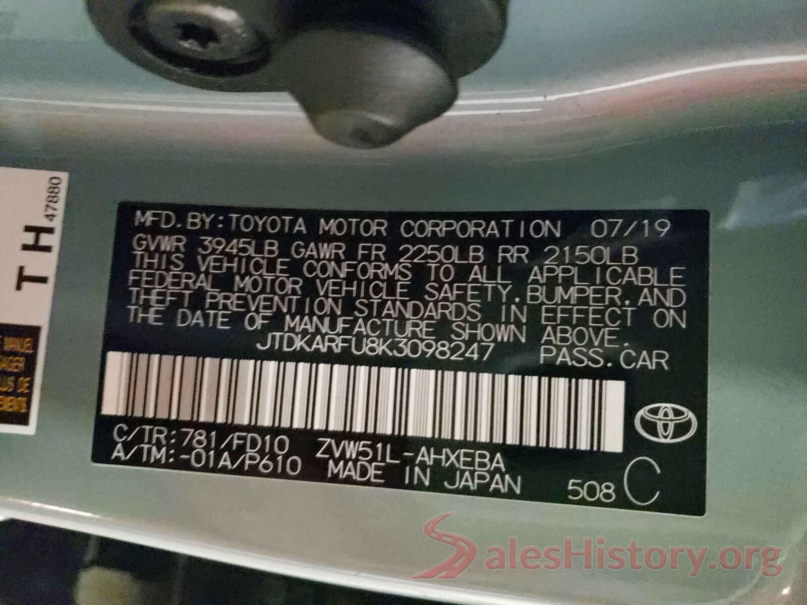 JTDKARFU8K3098247 2019 TOYOTA PRIUS