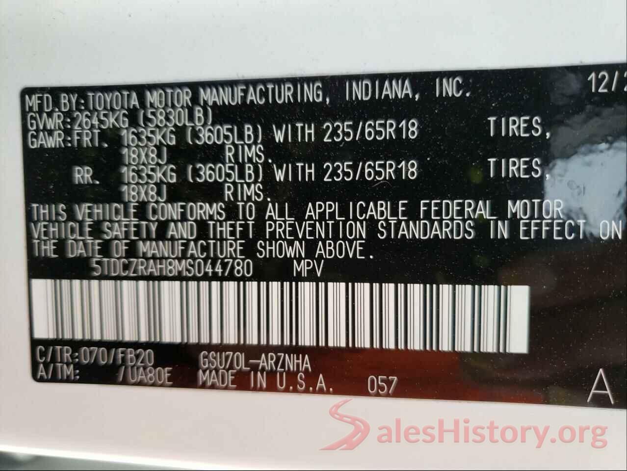 5TDCZRAH8MS044780 2021 TOYOTA HIGHLANDER