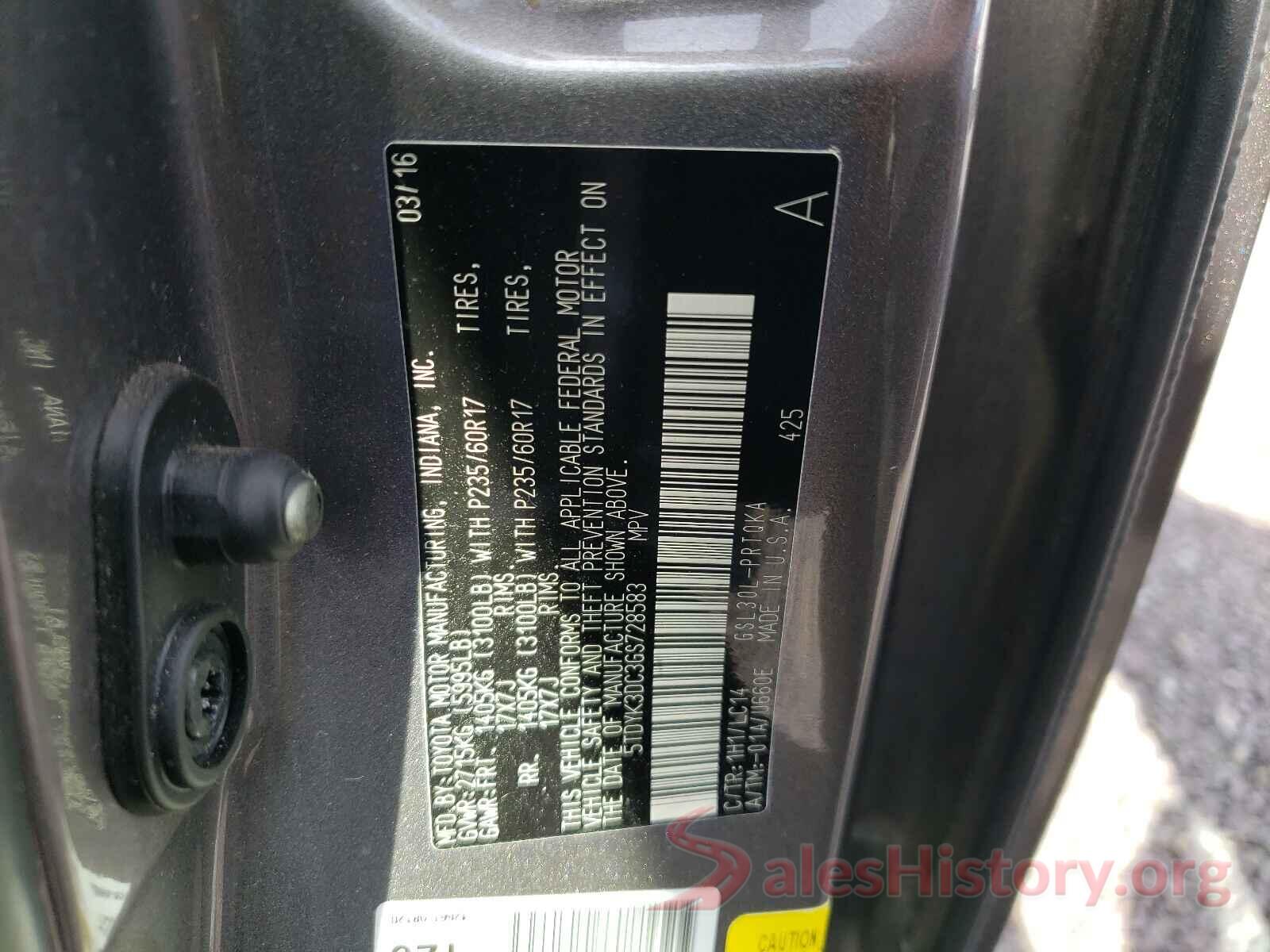 5TDYK3DC3GS728583 2016 TOYOTA SIENNA