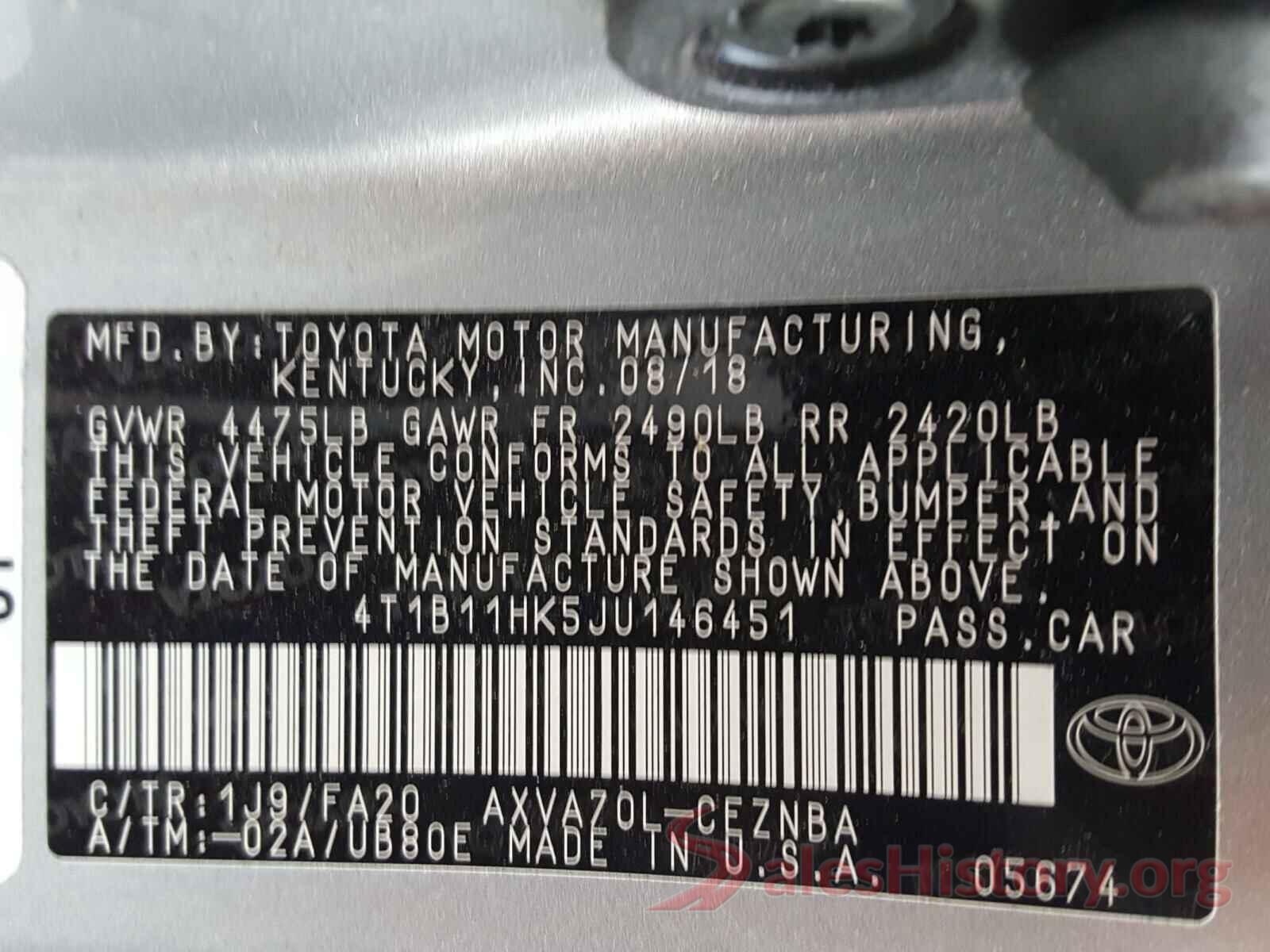 4T1B11HK5JU146451 2018 TOYOTA CAMRY