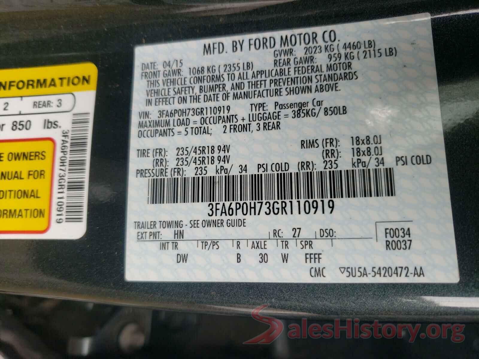 3FA6P0H73GR110919 2016 FORD FUSION