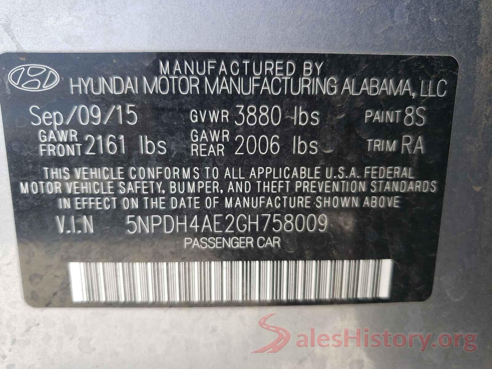 5NPDH4AE2GH758009 2016 HYUNDAI ELANTRA