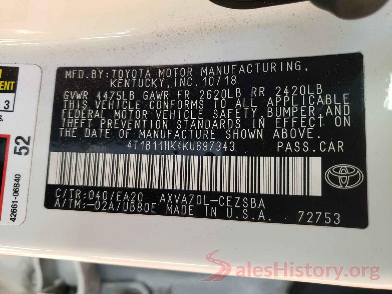 4T1B11HK4KU697343 2019 TOYOTA CAMRY