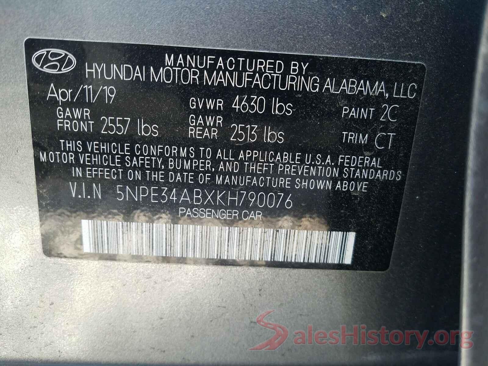 5NPE34ABXKH790076 2019 HYUNDAI SONATA