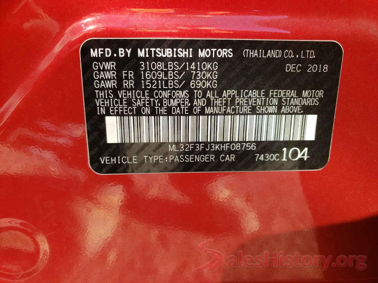 ML32F3FJ3KHF08756 2019 MITSUBISHI MIRAGE