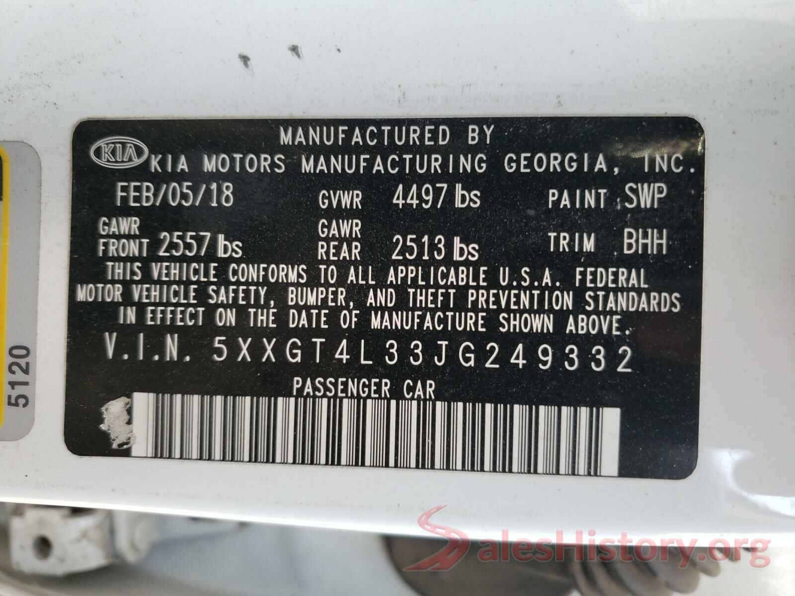 5XXGT4L33JG249332 2018 KIA OPTIMA