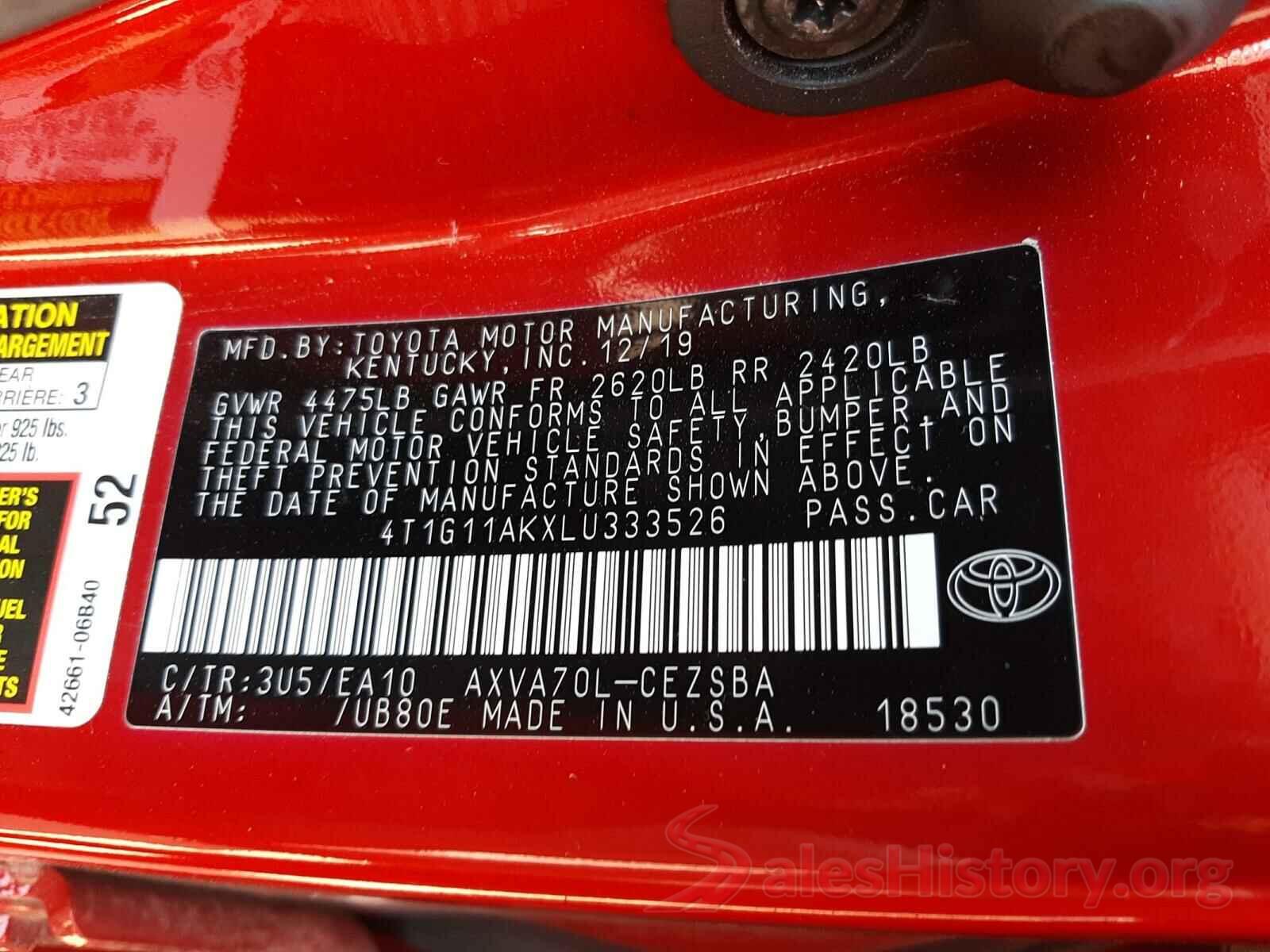 4T1G11AKXLU333526 2020 TOYOTA CAMRY