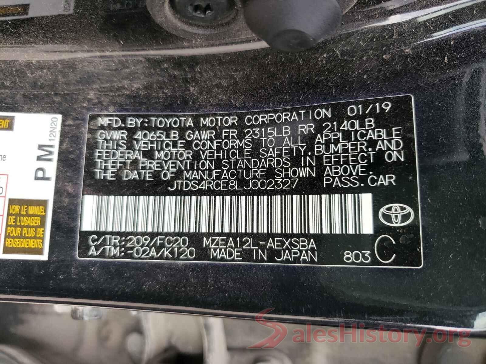 JTDS4RCE8LJ002327 2020 TOYOTA COROLLA