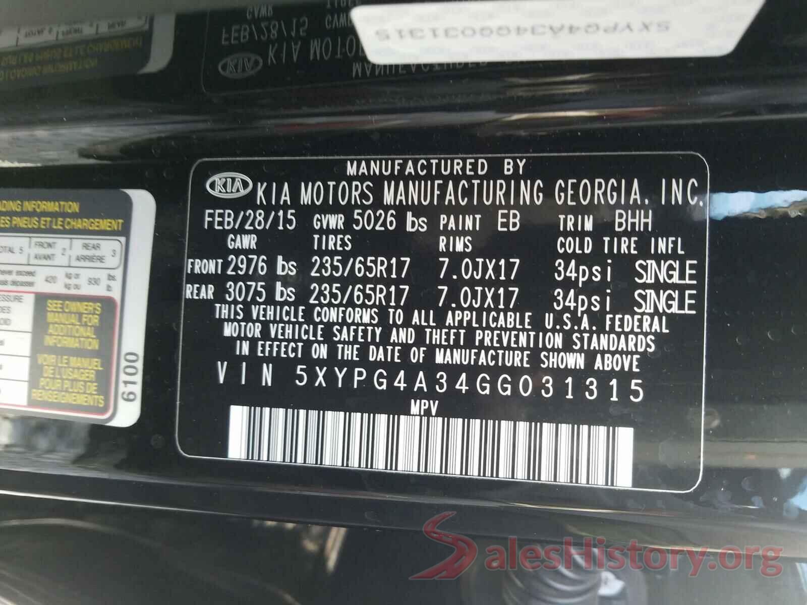 5XYPG4A34GG031315 2016 KIA SORENTO