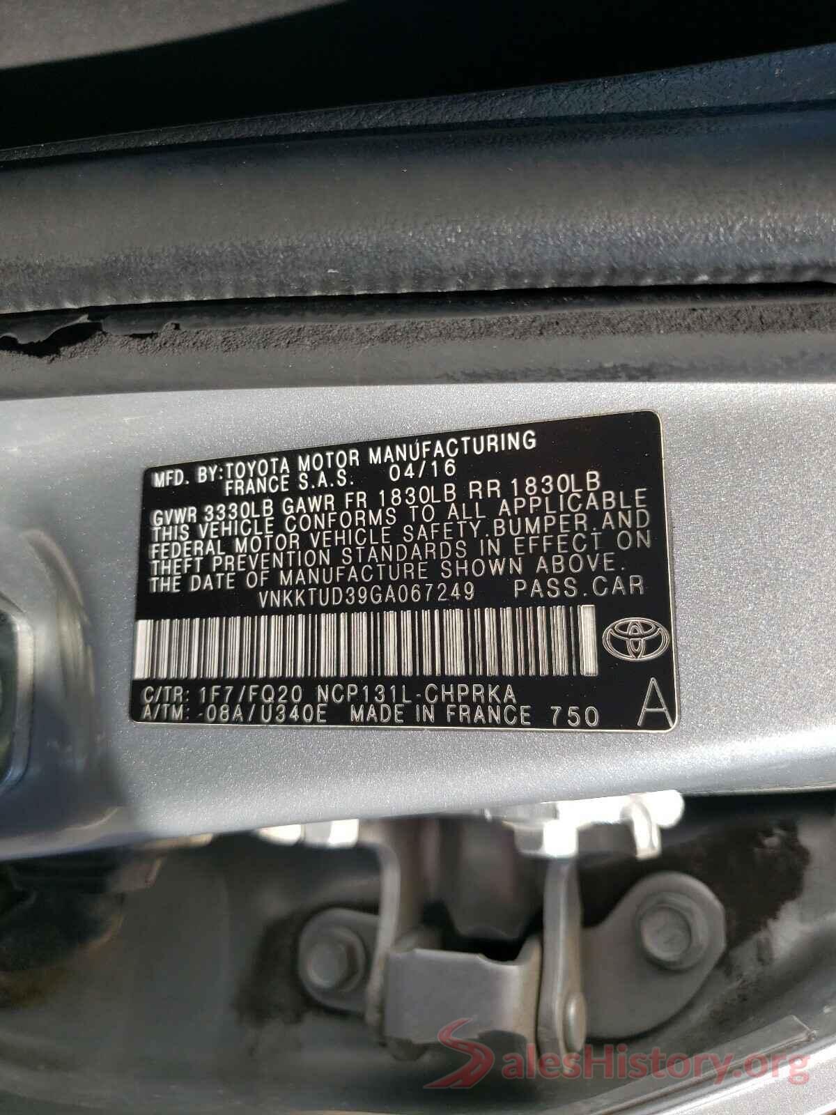 VNKKTUD39GA067249 2016 TOYOTA YARIS