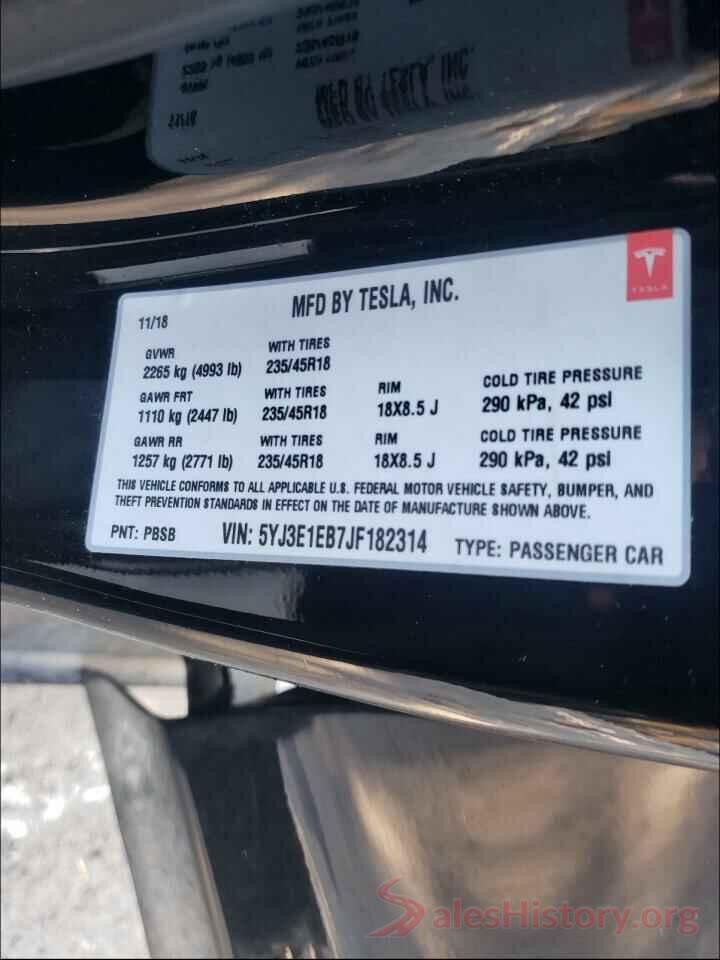 5YJ3E1EB7JF182314 2018 TESLA MODEL 3