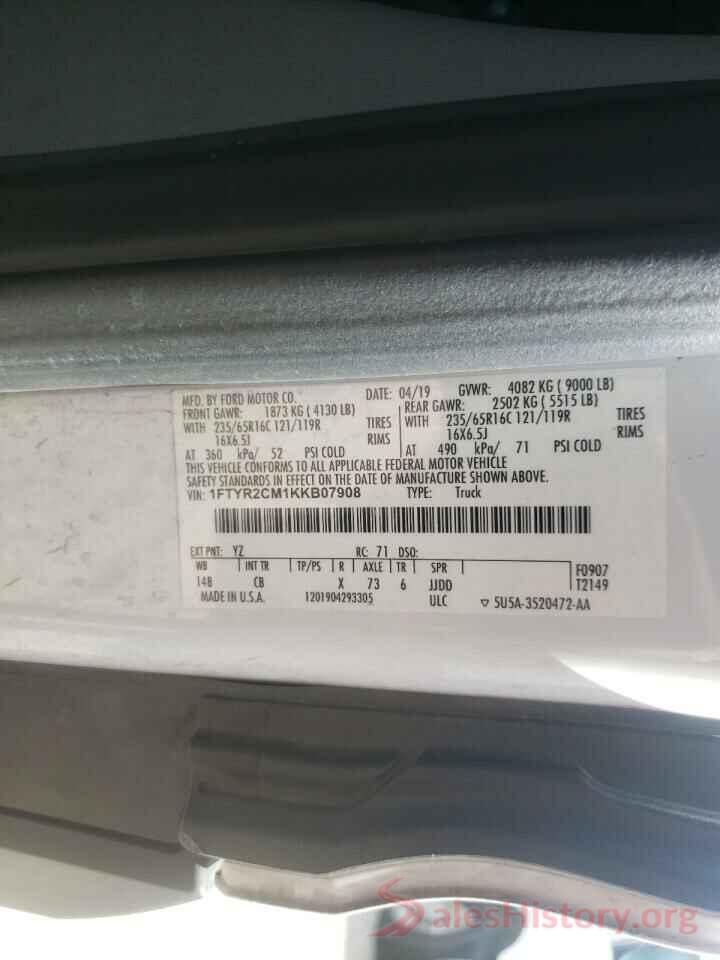 1FTYR2CM1KKB07908 2019 FORD TRANSIT CO