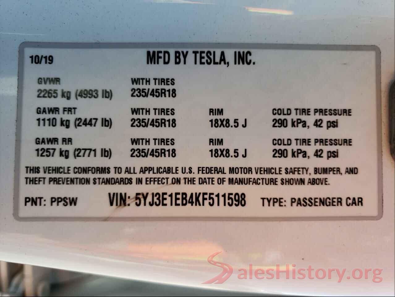 5YJ3E1EB4KF511598 2019 TESLA MODEL 3