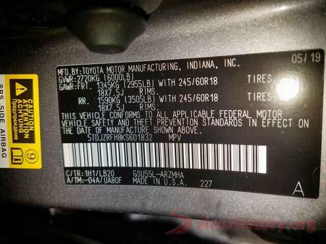 5TDJZRFH8KS601832 2019 TOYOTA HIGHLANDER