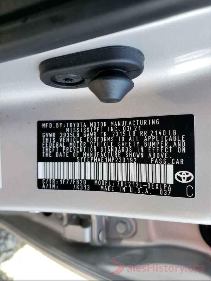 5YFEPMAE1MP230192 2021 TOYOTA COROLLA