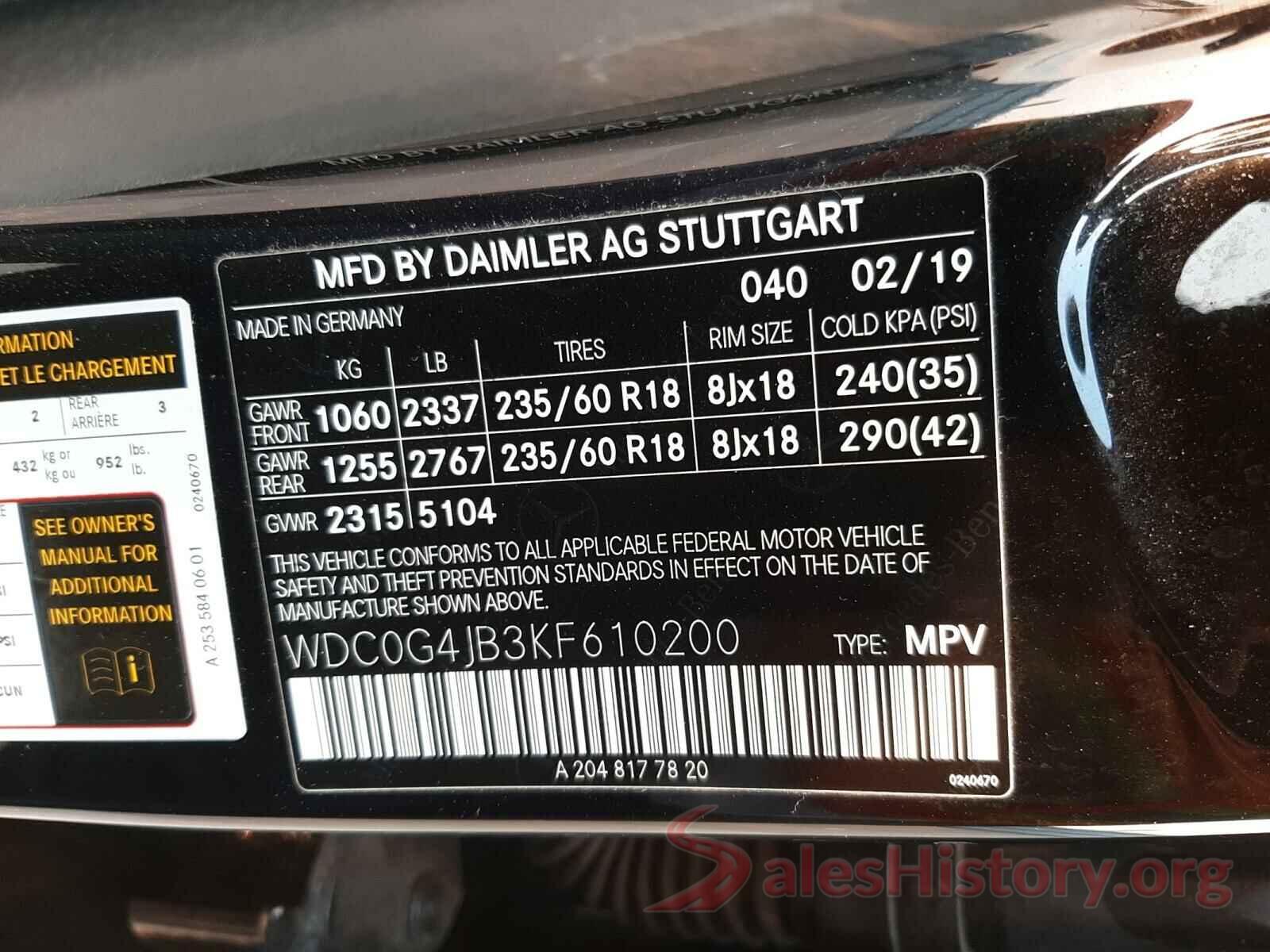 WDC0G4JB3KF610200 2019 MERCEDES-BENZ GLC-CLASS