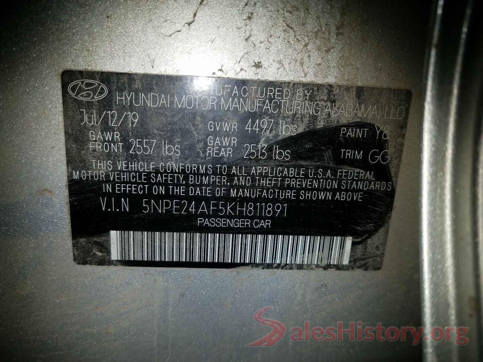 5NPE24AF5KH811891 2019 HYUNDAI SONATA