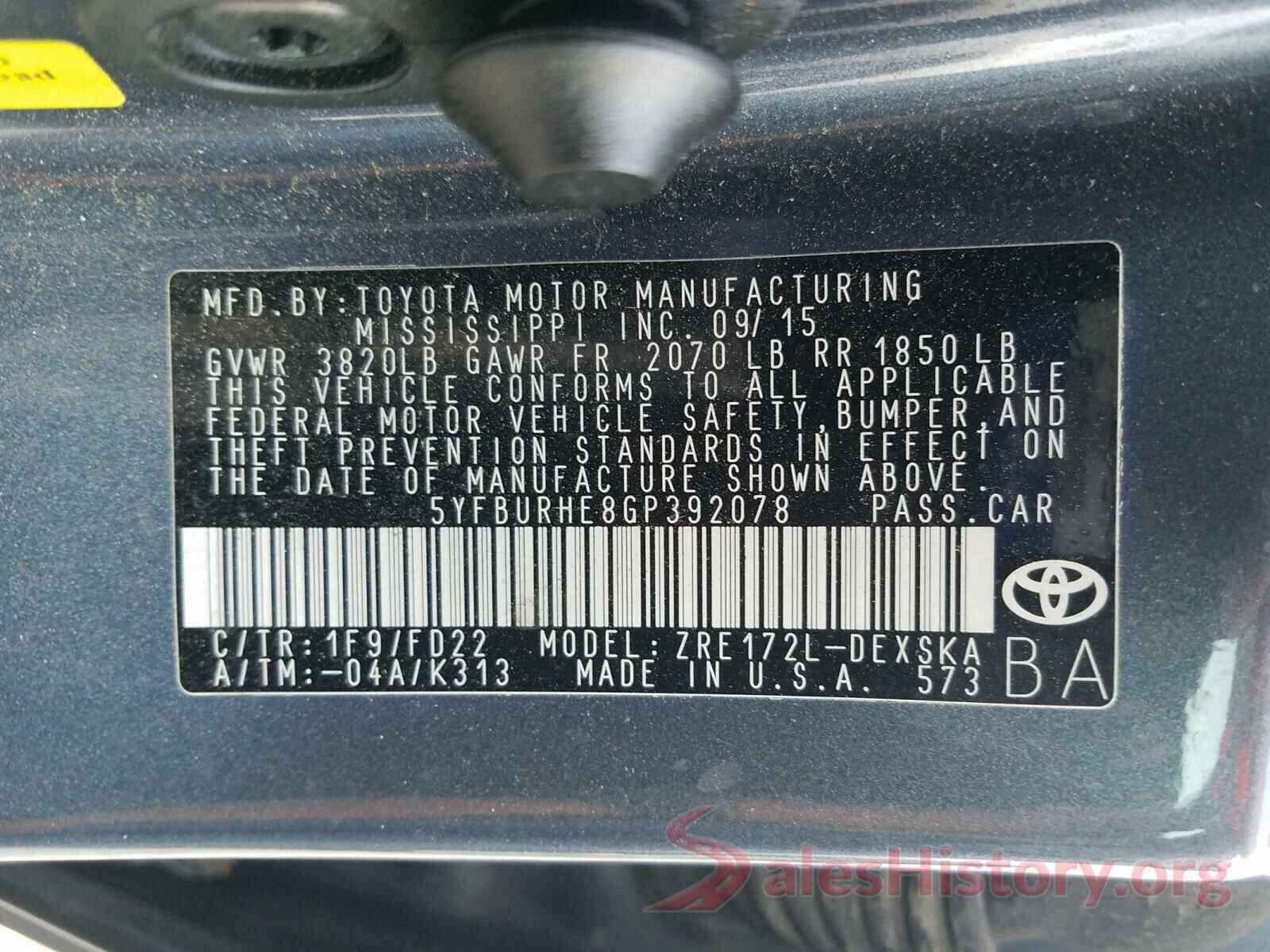 5YFBURHE8GP392078 2016 TOYOTA COROLLA