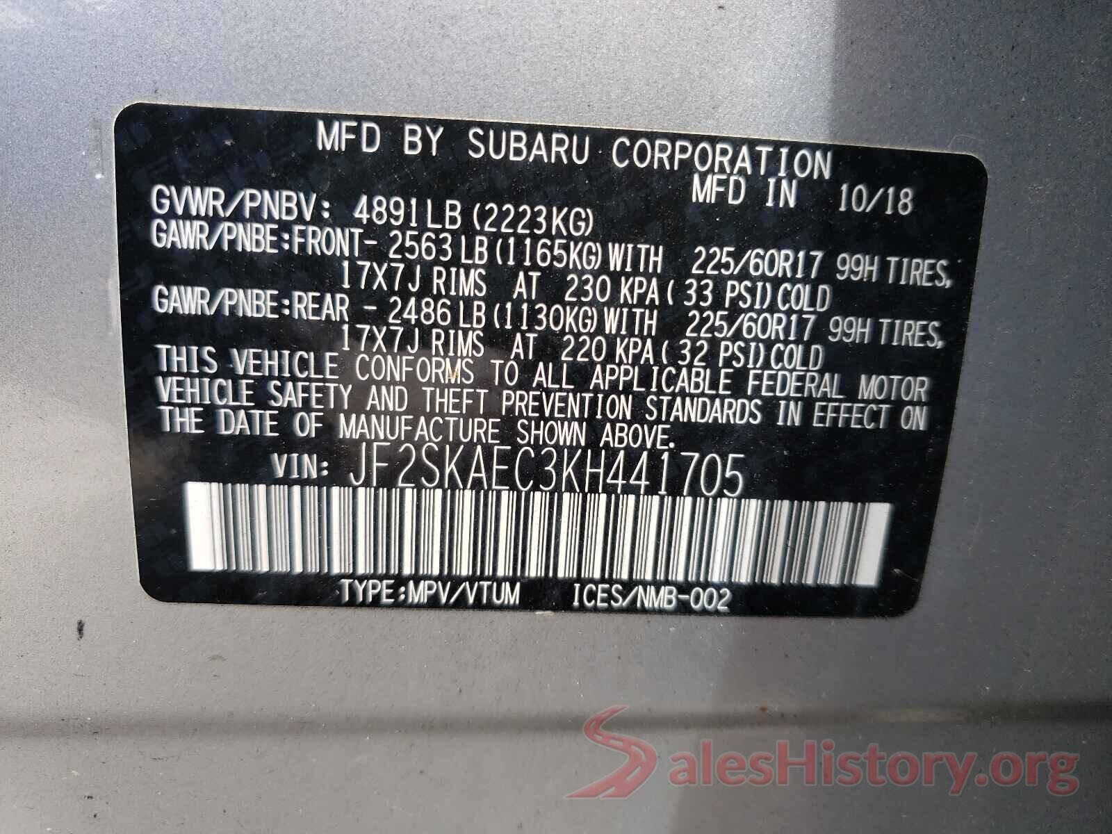 JF2SKAEC3KH441705 2019 SUBARU FORESTER