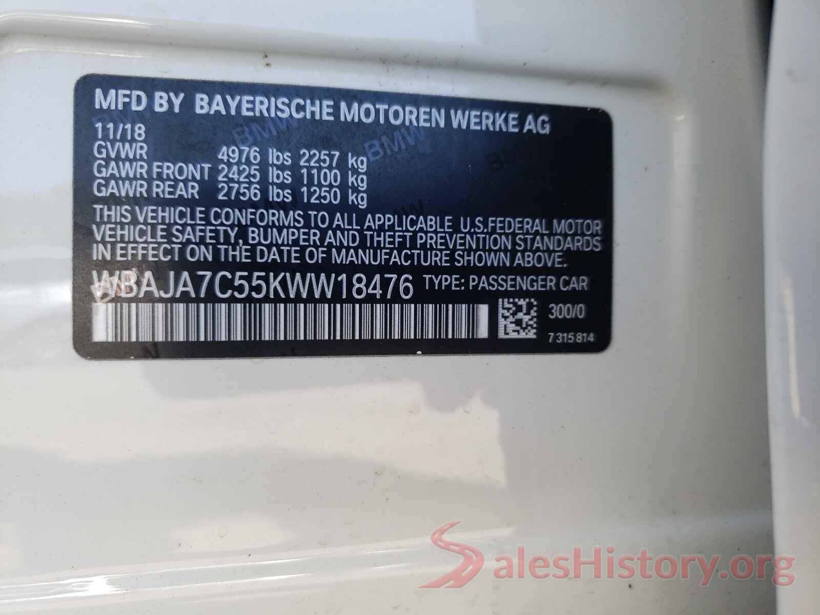 WBAJA7C55KWW18476 2019 BMW 5 SERIES