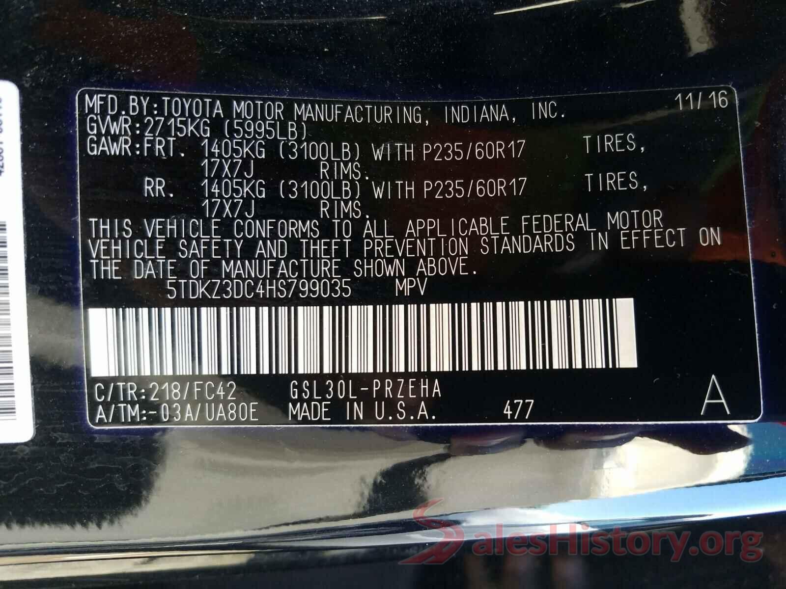 5TDKZ3DC4HS799035 2017 TOYOTA SIENNA