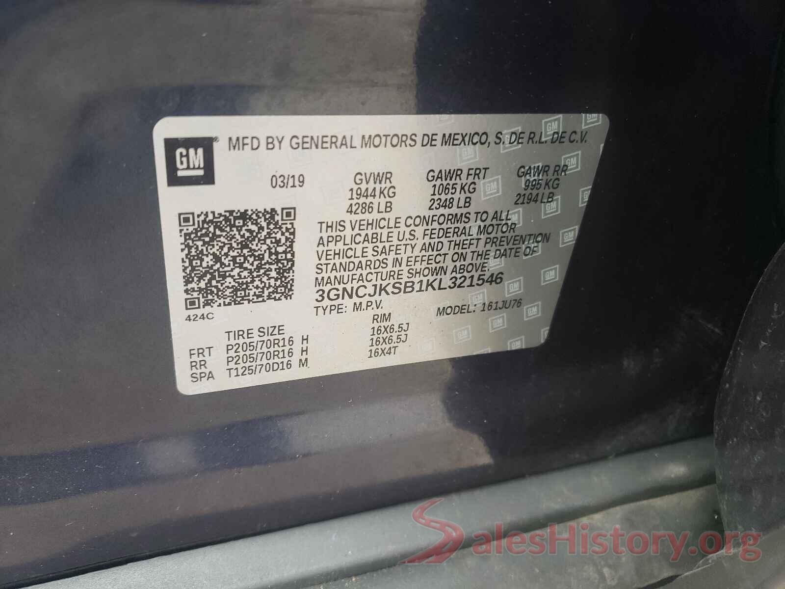 3GNCJKSB1KL321546 2019 CHEVROLET TRAX