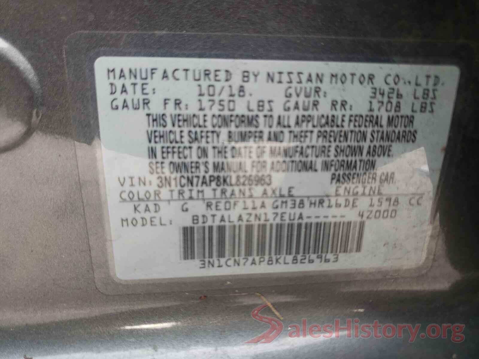 3N1CN7AP8KL826963 2019 NISSAN VERSA