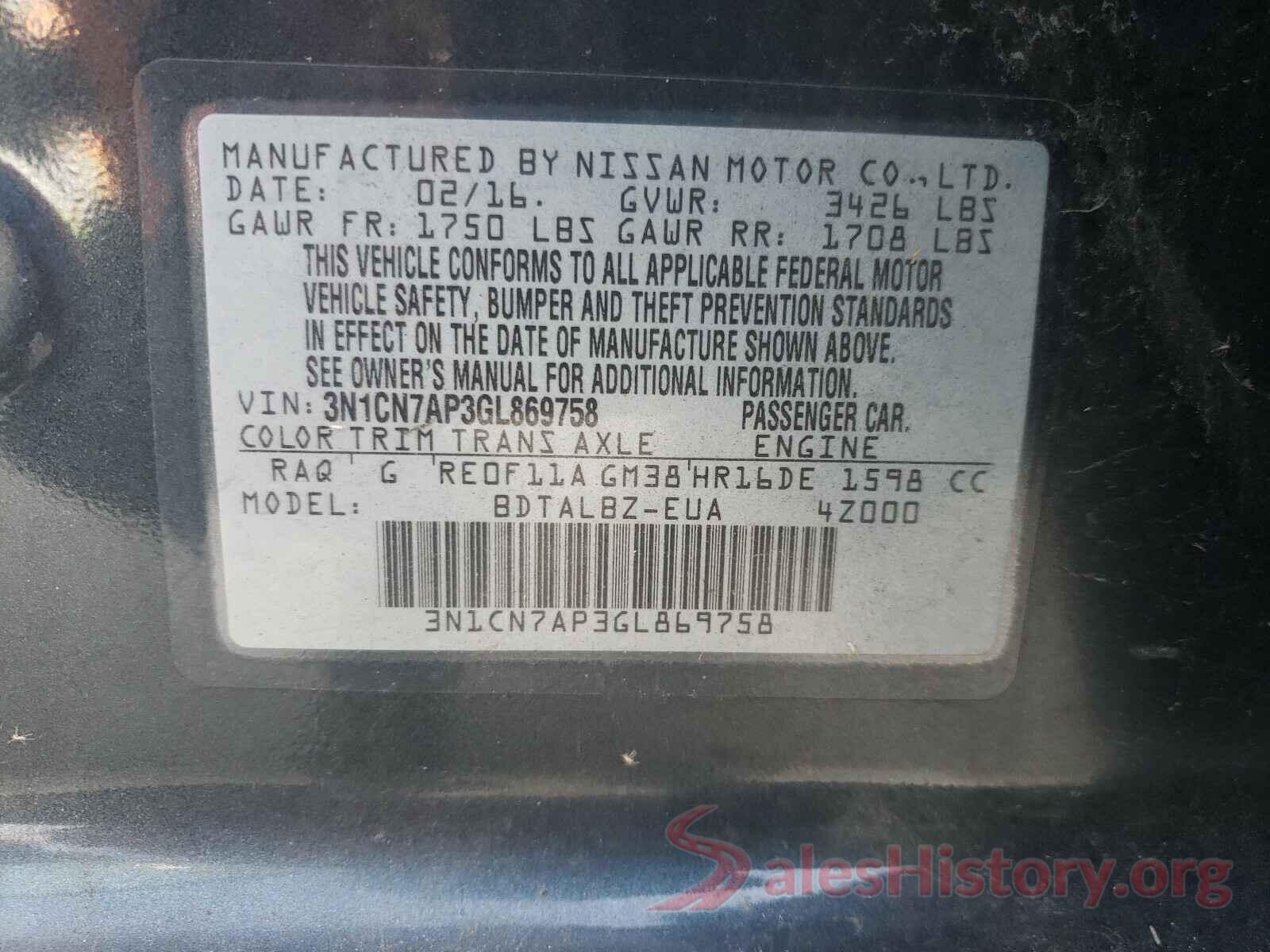 3N1CN7AP3GL869758 2016 NISSAN VERSA