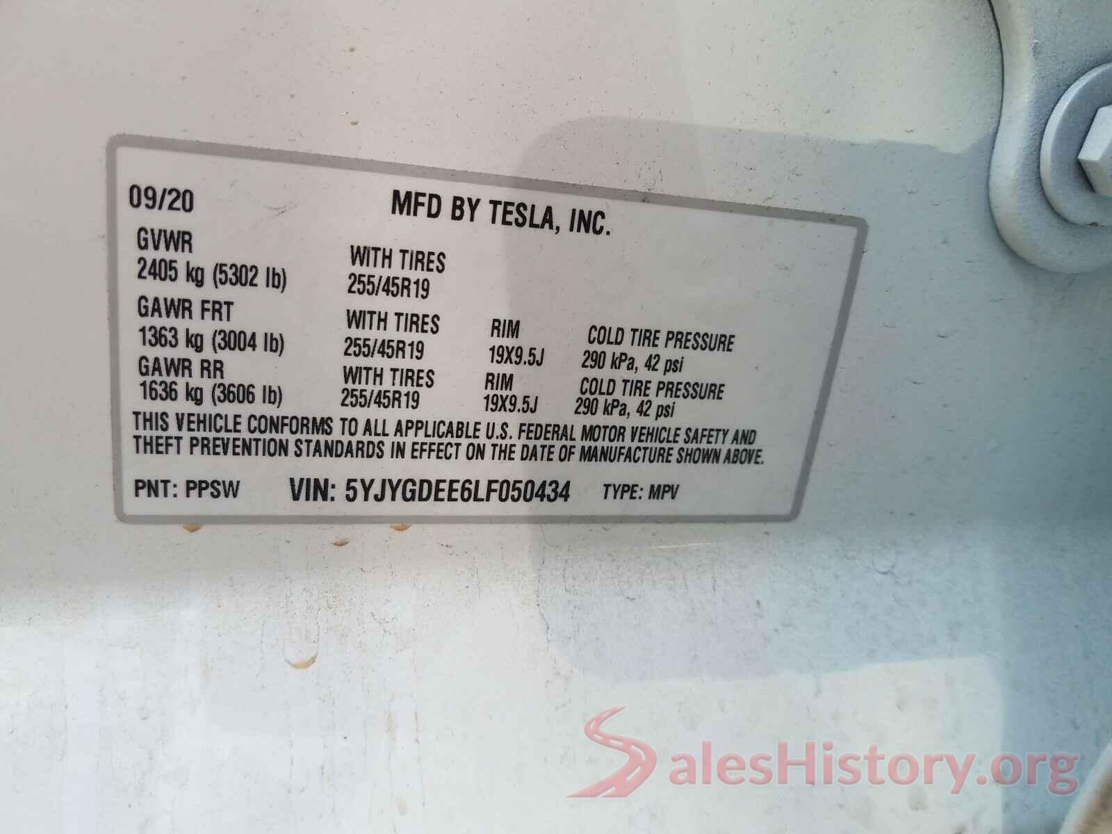 5YJYGDEE6LF050434 2020 TESLA MODEL Y