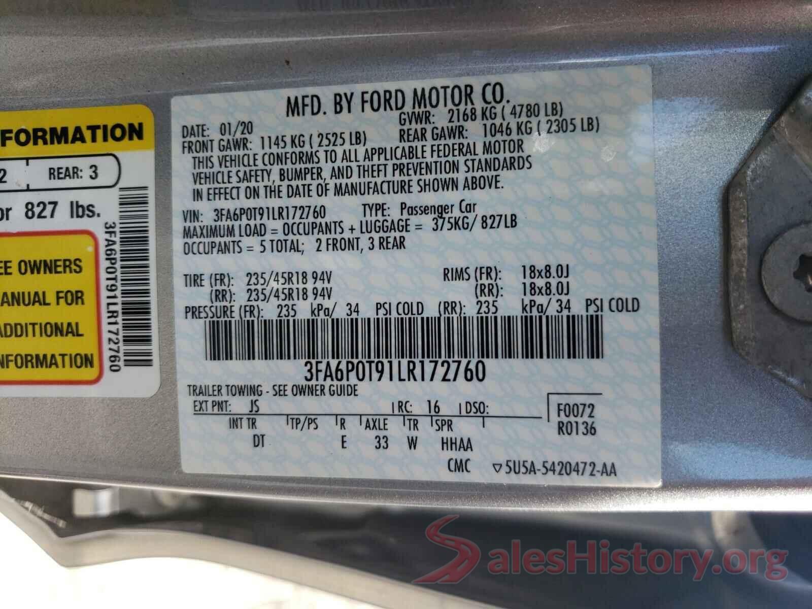 3FA6P0T91LR172760 2020 FORD FUSION