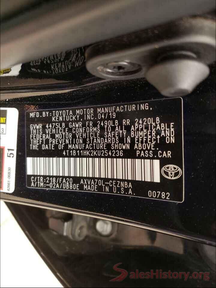 4T1B11HK2KU254236 2019 TOYOTA CAMRY