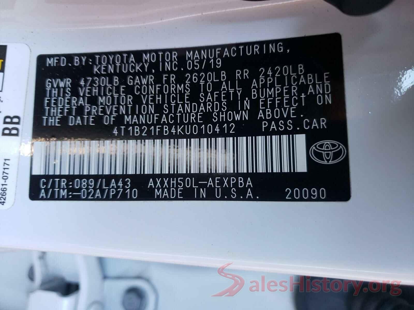 4T1B21FB4KU010412 2019 TOYOTA AVALON