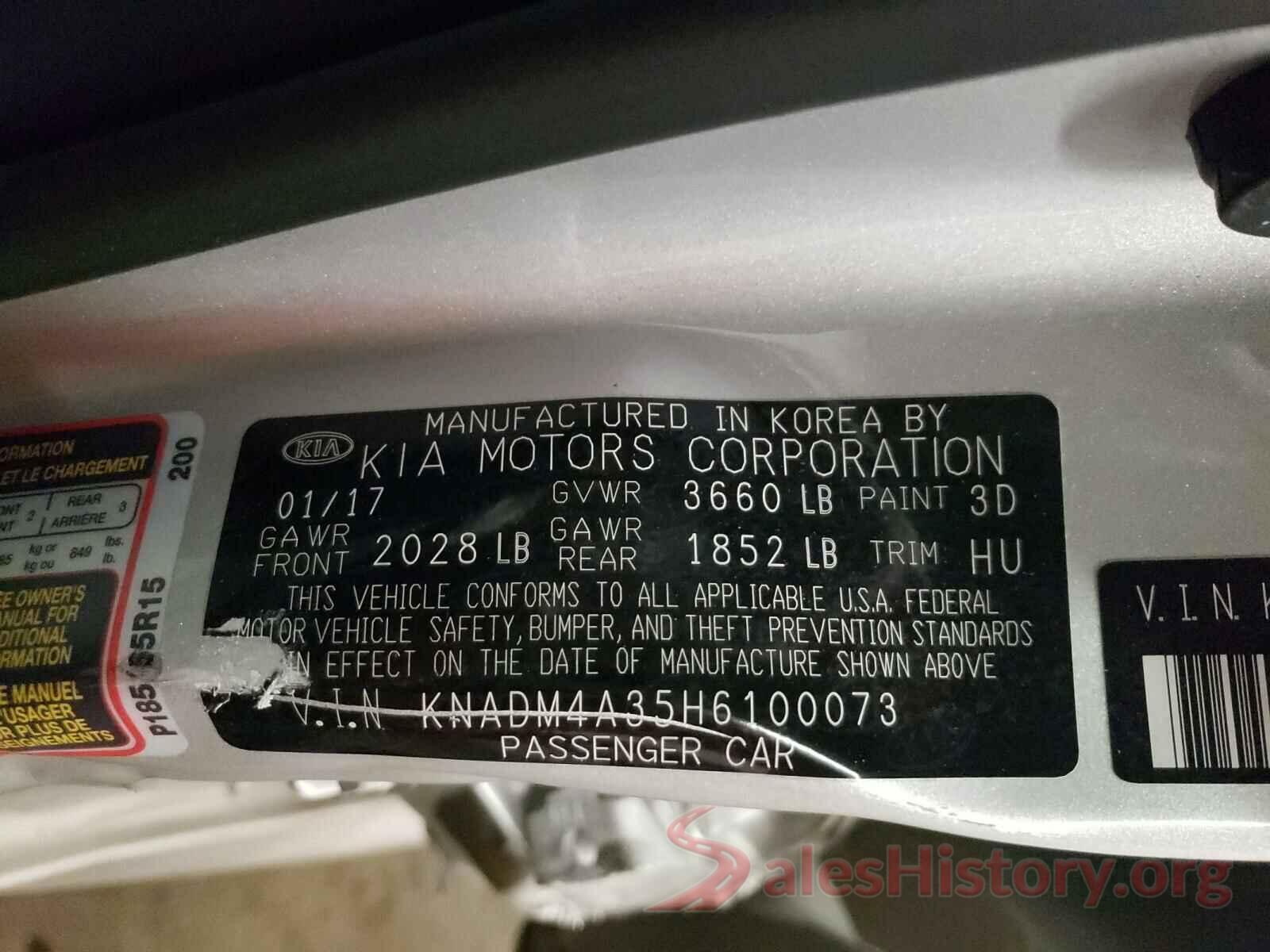 KNADM4A35H6100073 2017 KIA RIO