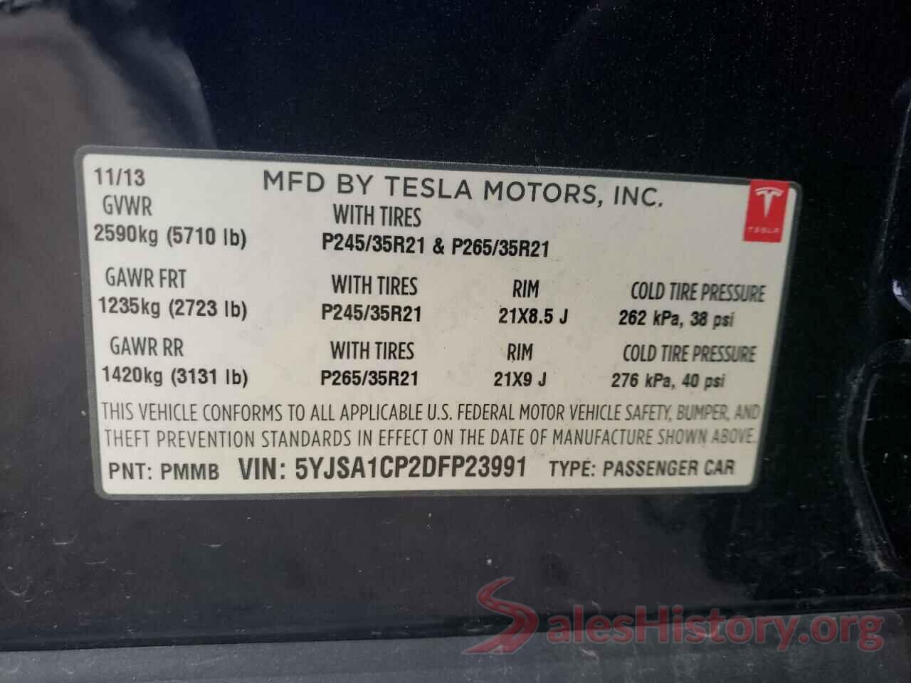 5YJSA1CP2DFP23991 2013 TESLA MODEL S