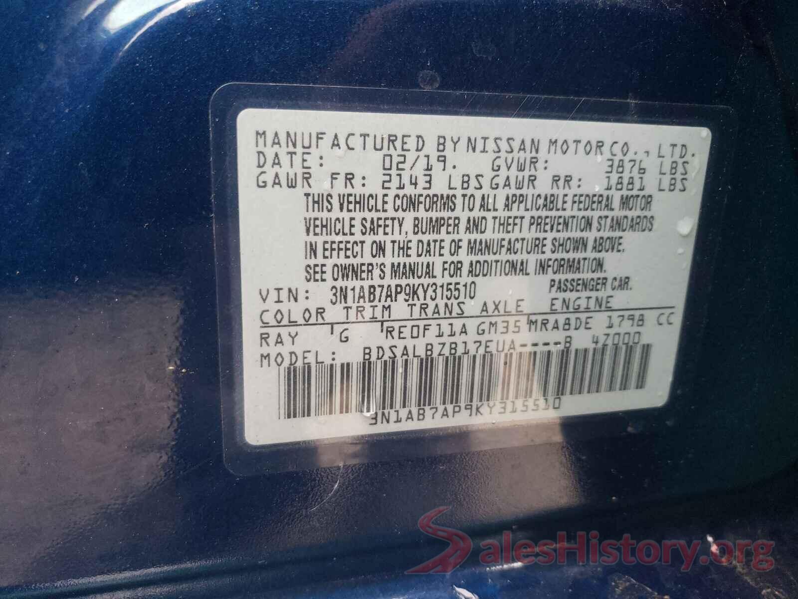 3N1AB7AP9KY315510 2019 NISSAN SENTRA