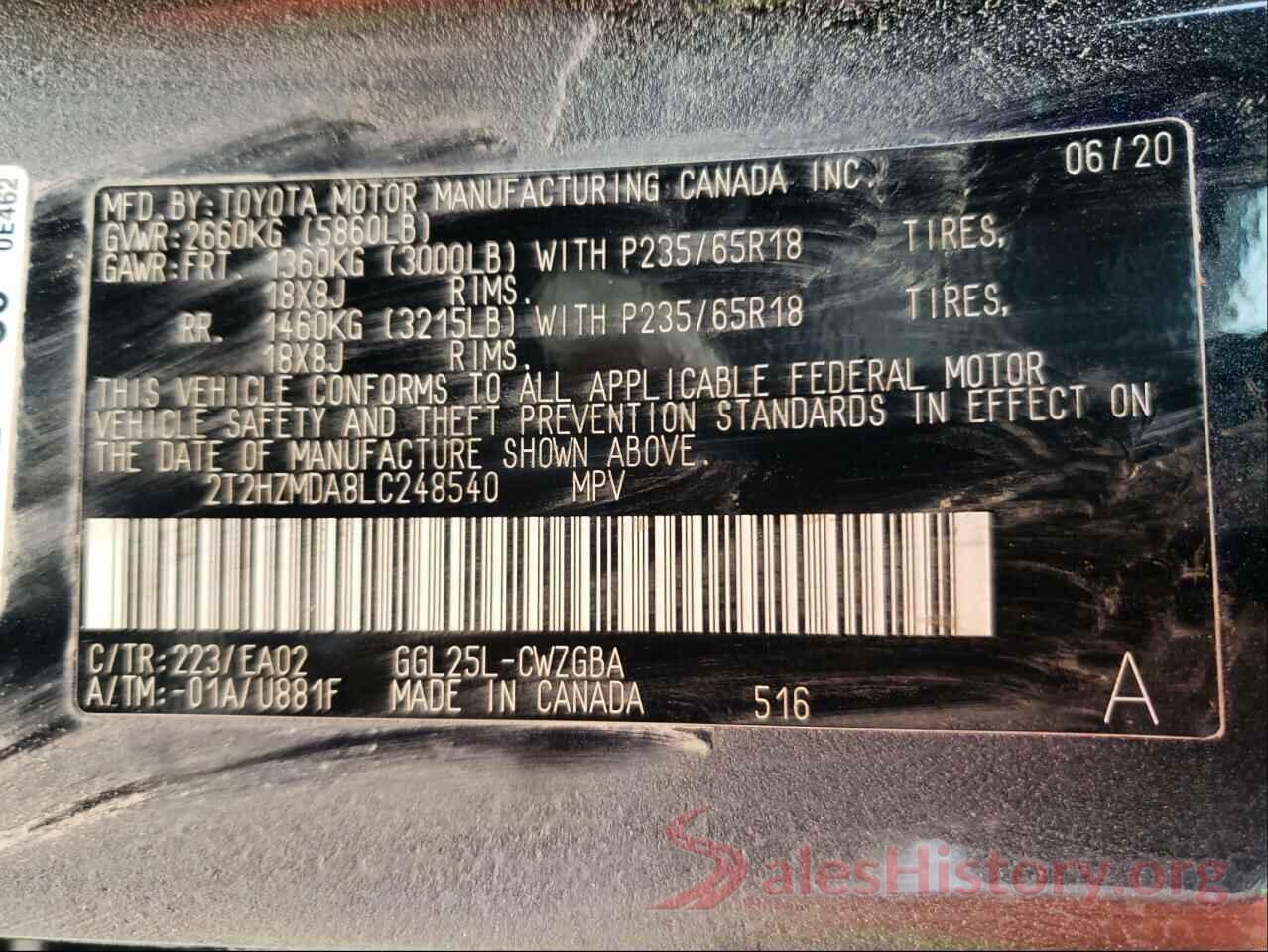 2T2HZMDA8LC248540 2020 LEXUS RX350