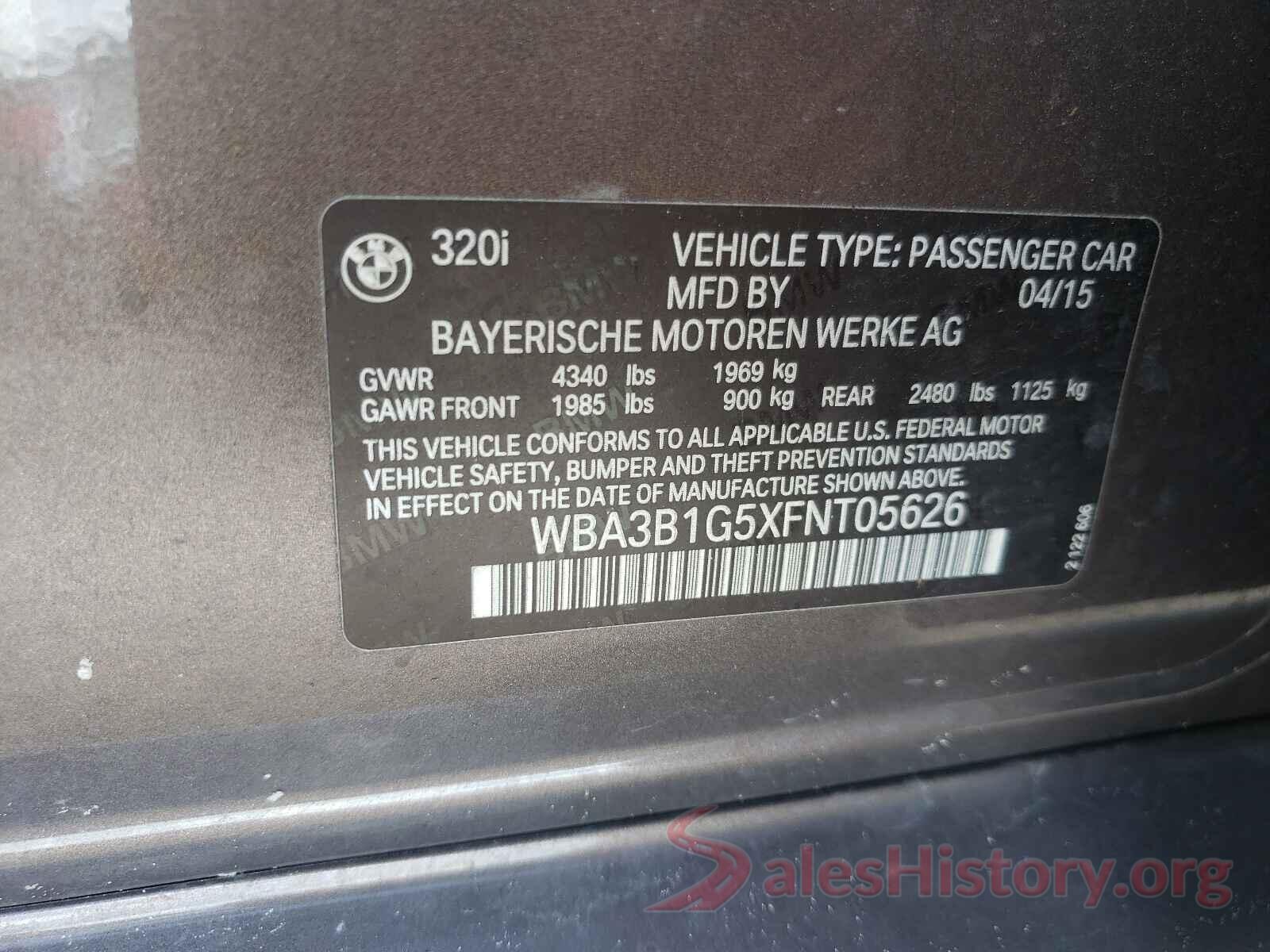 WBA3B1G5XFNT05626 2015 BMW 3 SERIES