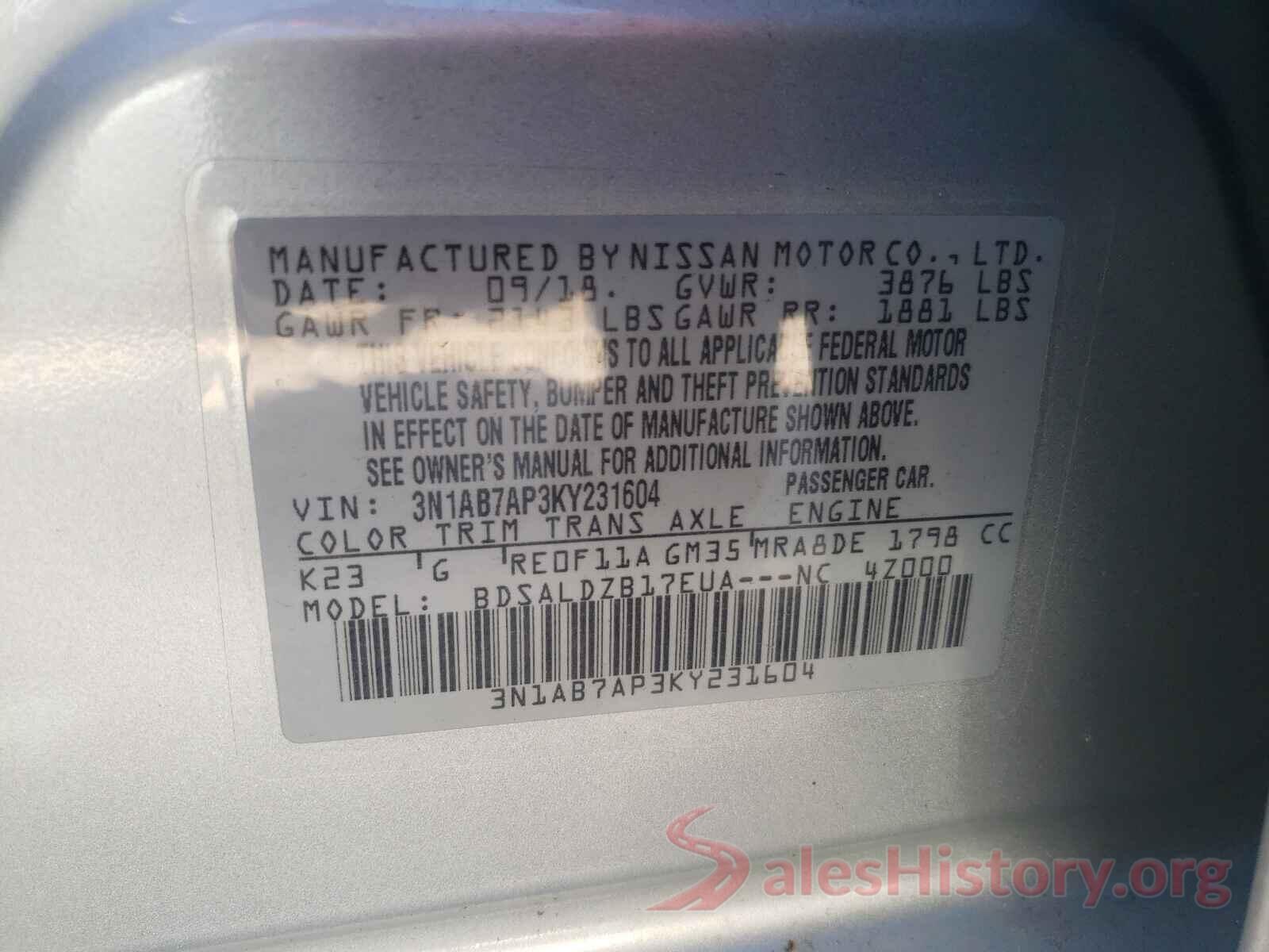 3N1AB7AP3KY231604 2019 NISSAN SENTRA