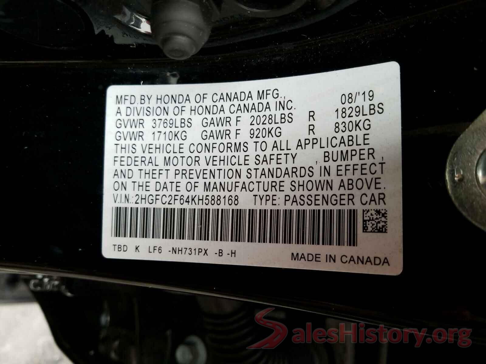 2HGFC2F64KH588168 2019 HONDA CIVIC