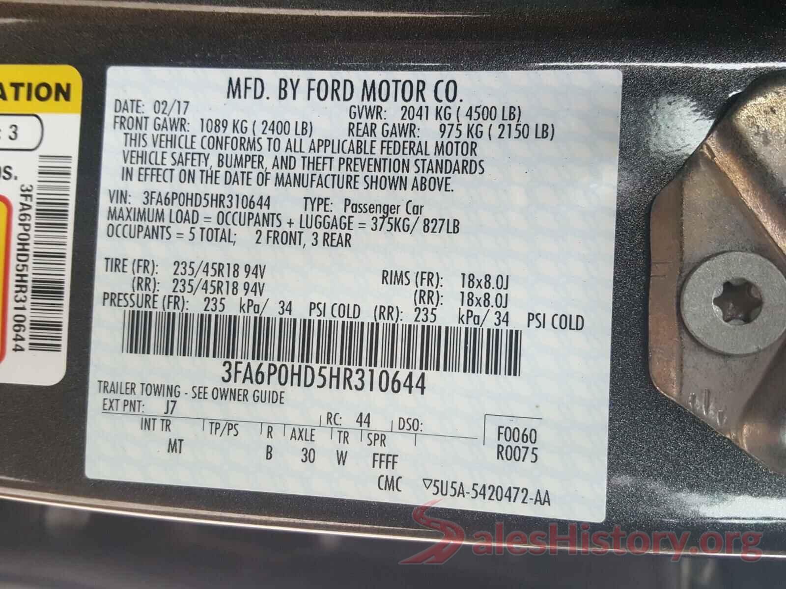 3FA6P0HD5HR310644 2017 FORD FUSION