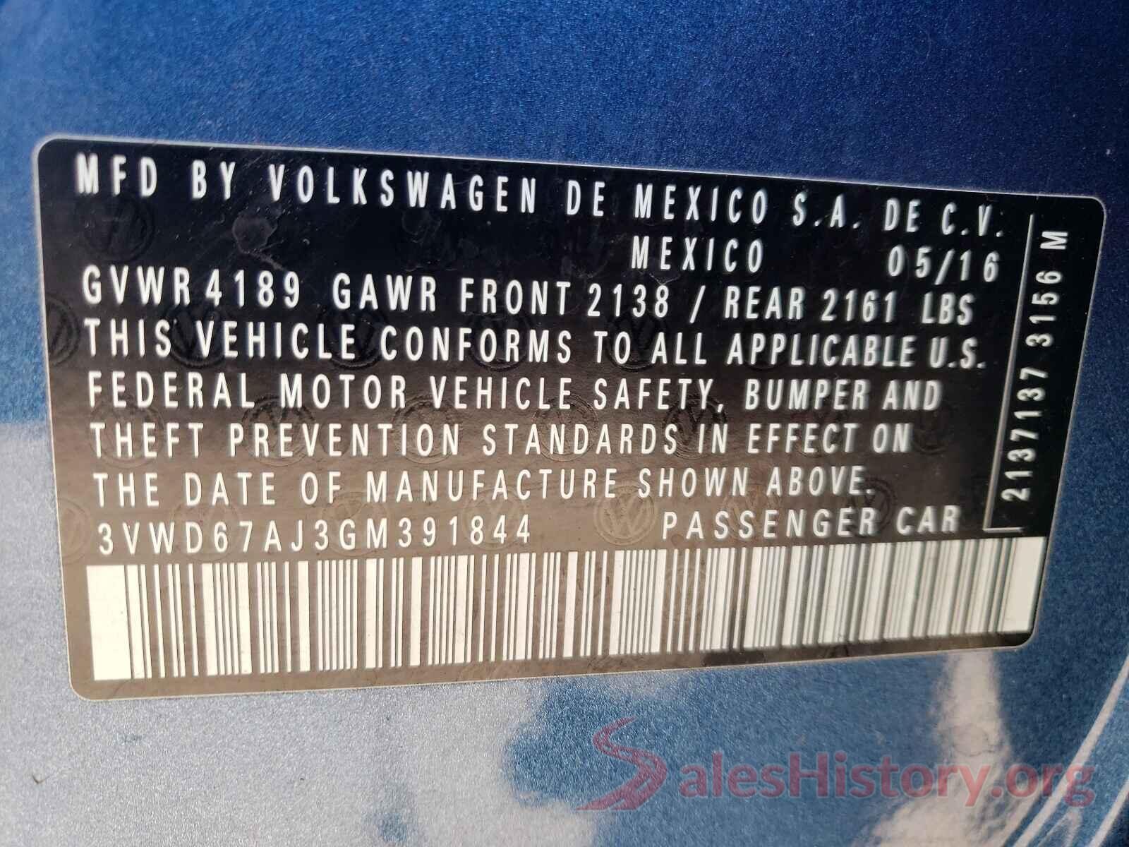 3VWD67AJ3GM391844 2016 VOLKSWAGEN JETTA